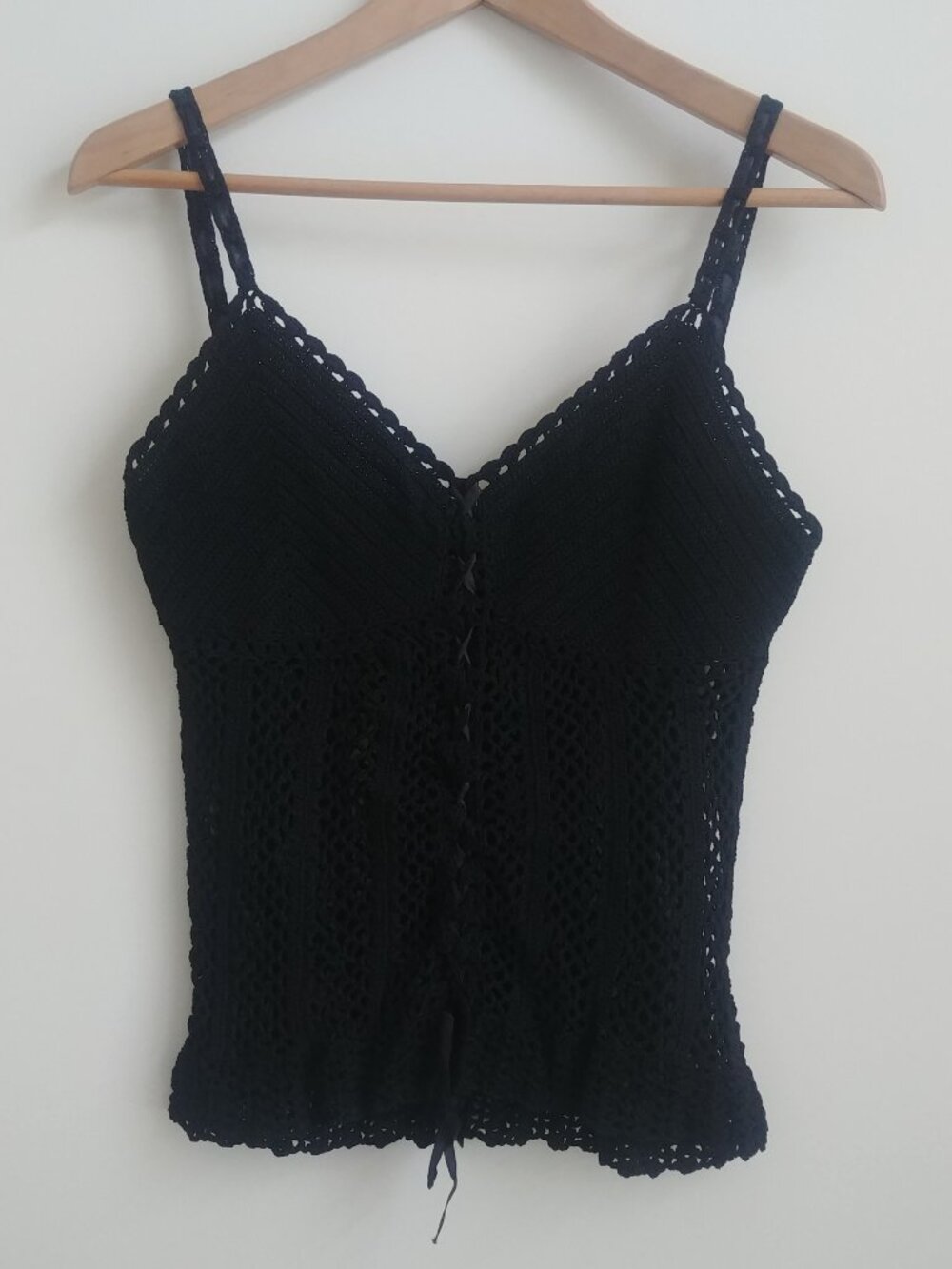 Aria crochet ribbon lace up knit spaghetti strap tank top sheer approx Small